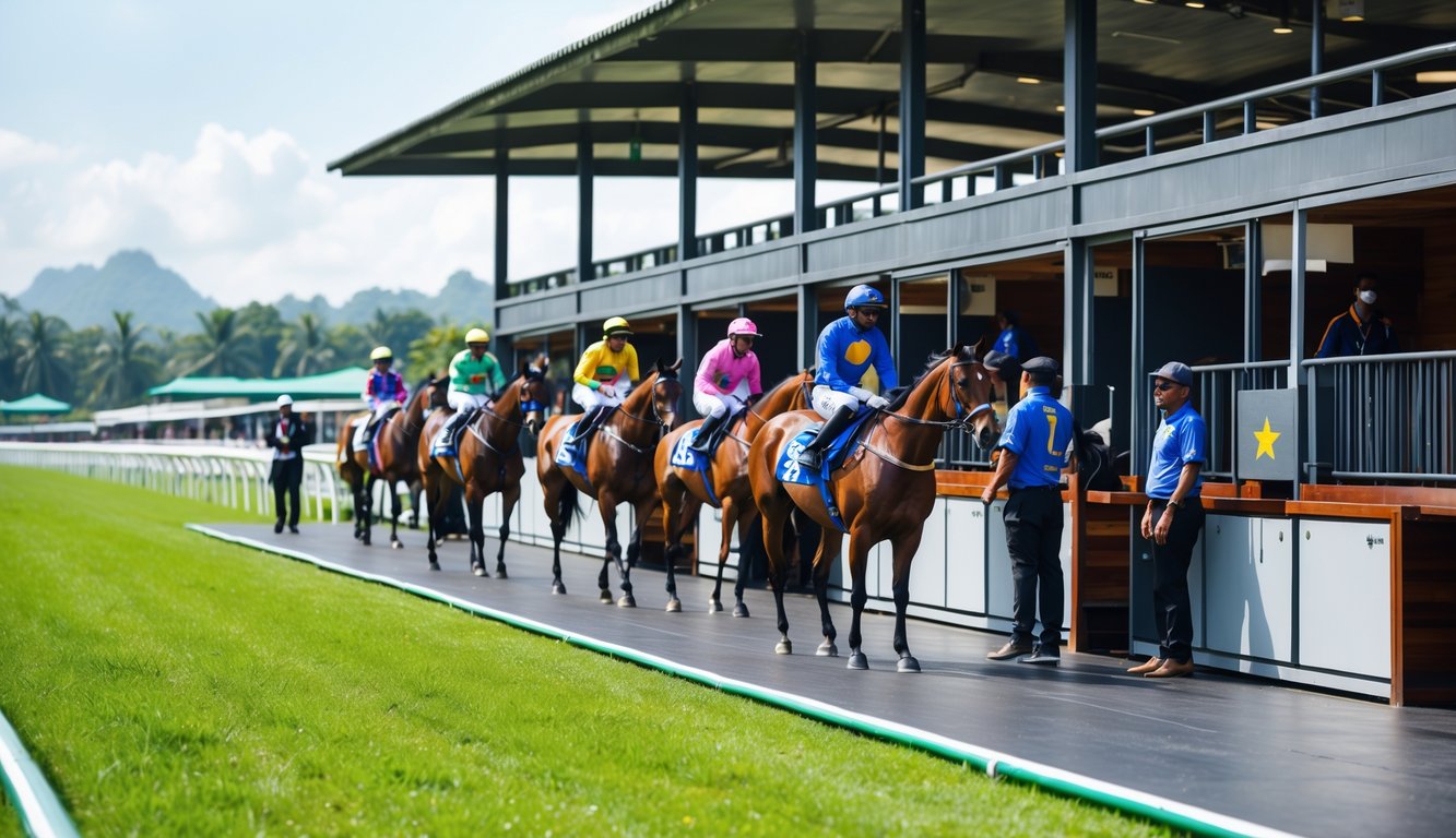 Adegan balap kuda di Indonesia dengan beberapa kuda dan joki di platform stabil yang modern, dikelilingi oleh rumput hijau dan penonton di latar belakang.