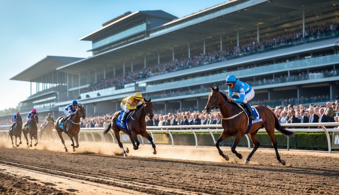 Beberapa kuda pacu dengan joki berwarna-warni berlari di lintasan balap kuda dengan tribun penonton penuh di latar belakang pada hari cerah.