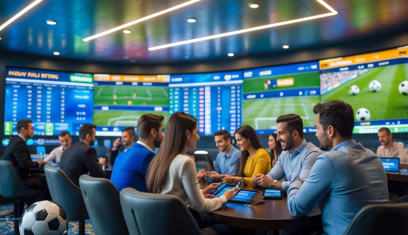 Sekelompok orang sedang menggunakan perangkat elektronik untuk memasang taruhan bola dalam suasana ruang taruhan yang modern dan terang.