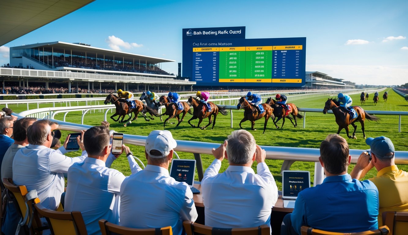 Suasana balap kuda dengan kuda dan joki sedang berlomba di lintasan serta orang-orang yang memperhatikan dan menggunakan perangkat elektronik untuk mengikuti informasi taruhan secara langsung.