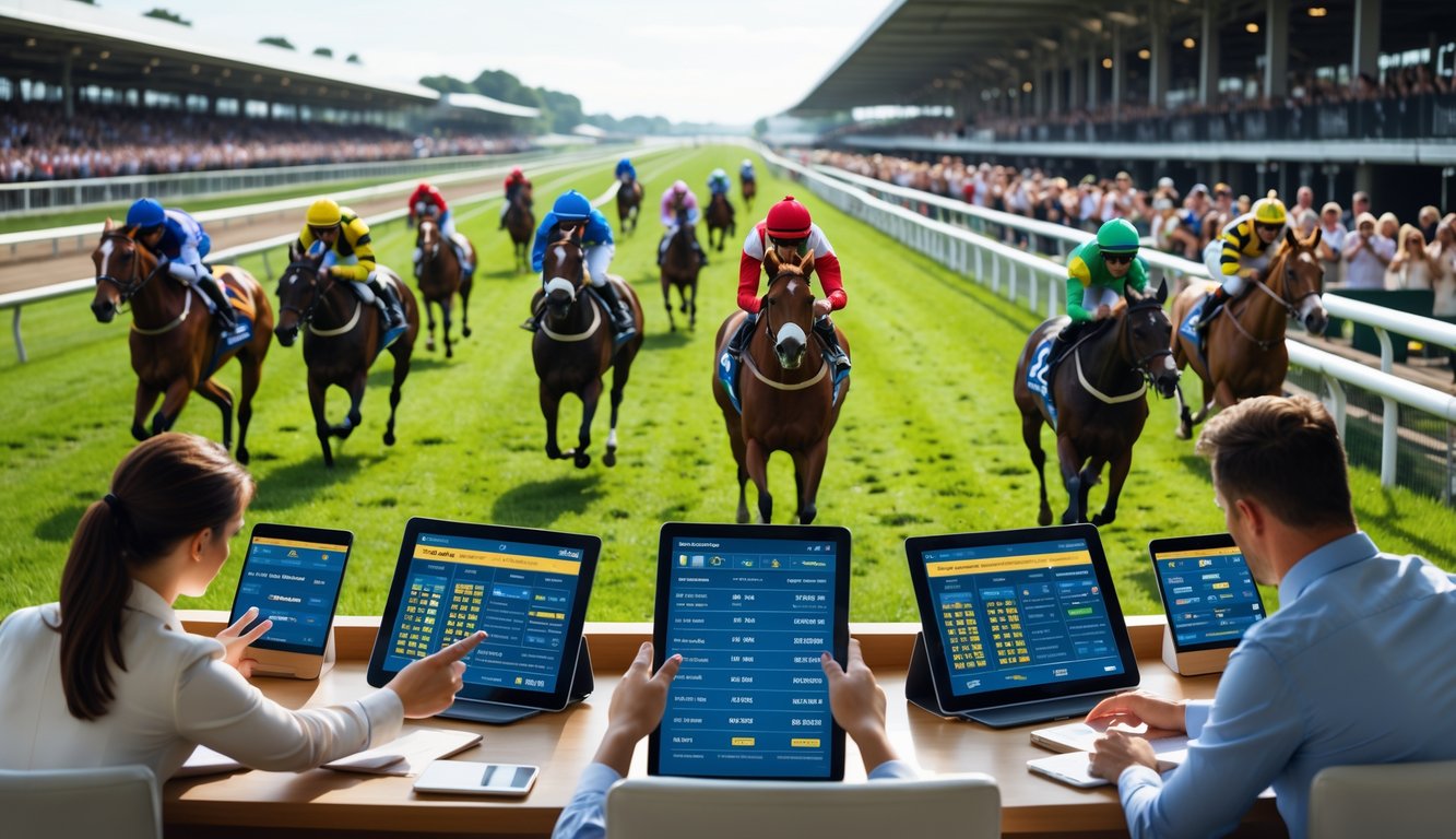 Beberapa joki menunggang kuda balap di lintasan dengan para petaruh yang fokus menggunakan perangkat digital di latar depan.