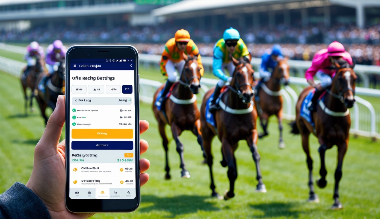 Seseorang memegang smartphone yang menampilkan antarmuka aplikasi taruhan balap kuda dengan latar belakang arena balap kuda yang ramai.