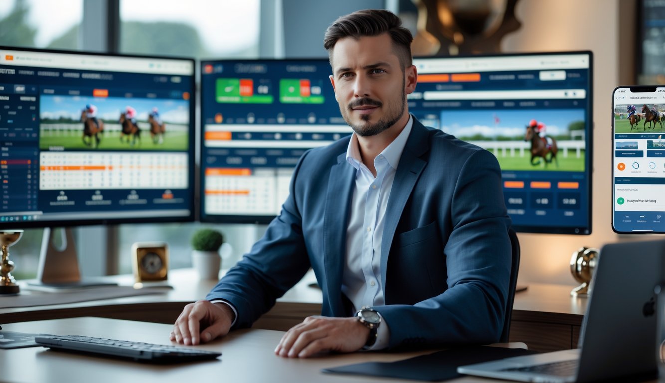Seorang pria duduk di meja dengan beberapa layar komputer menampilkan data dan siaran langsung balap kuda, di kantor modern yang terang.