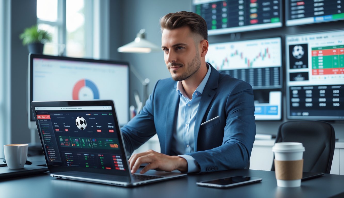 Seorang pria duduk di meja dengan laptop dan beberapa layar yang menampilkan data dan statistik pertandingan sepak bola.
