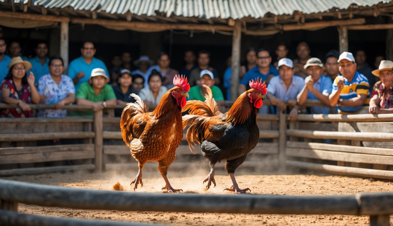 Arena sabung ayam dengan dua ekor ayam bertarung dan penonton yang antusias mengelilingi arena.