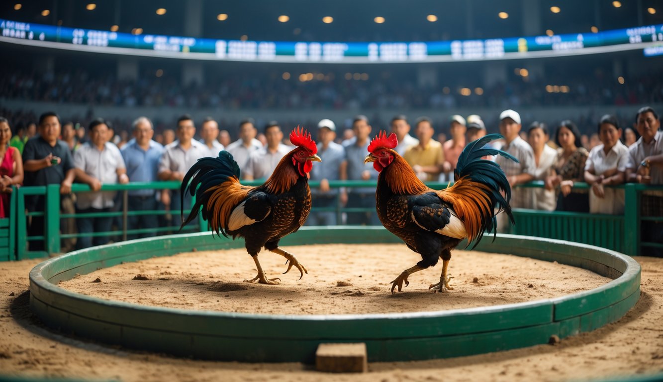 Arena sabung ayam resmi dengan dua ayam jago sedang bertarung di tengah kerumunan penonton yang antusias.