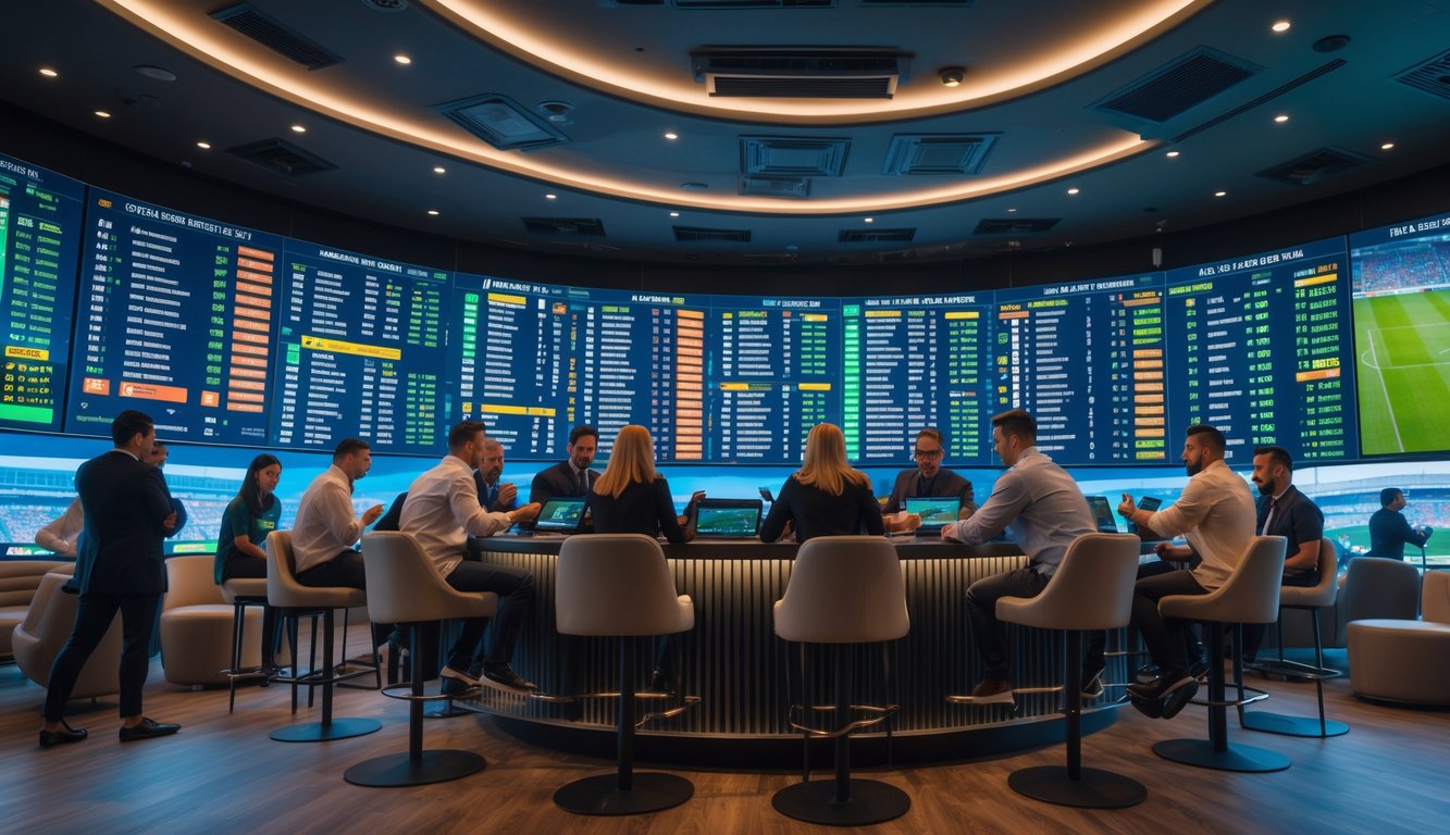 Sekelompok orang sedang melihat layar digital besar dengan informasi taruhan sepak bola di sebuah ruang modern.