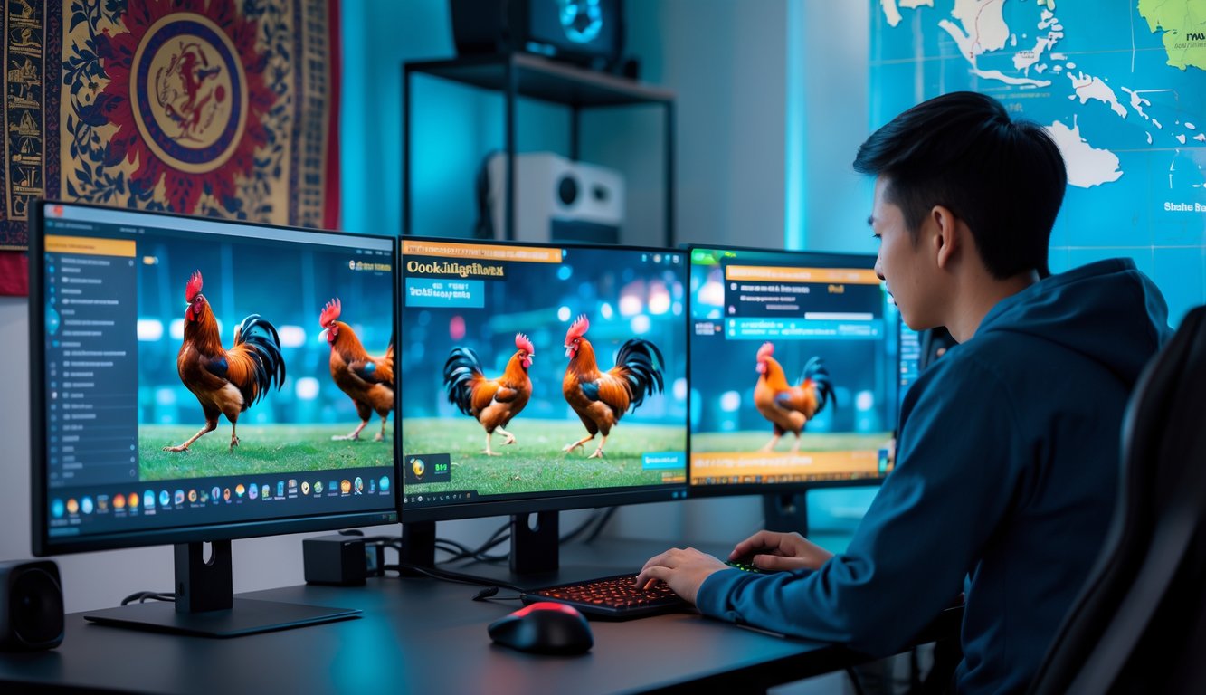 Seseorang menggunakan komputer dengan tampilan pertandingan sabung ayam online di layar, di latar belakang terdapat elemen budaya Indonesia.