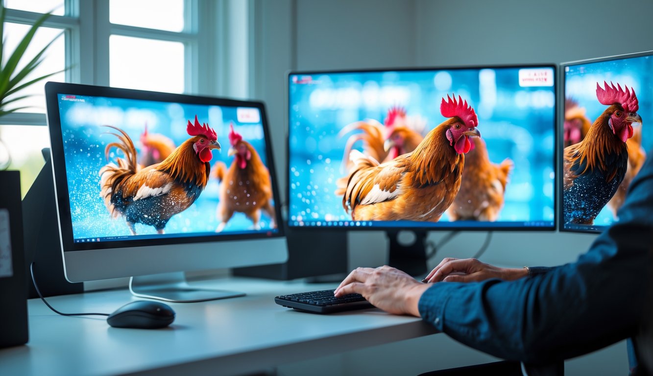 Sebuah meja kerja dengan komputer menampilkan pertandingan sabung ayam secara langsung dalam kualitas tinggi, dengan tangan seseorang yang sedang menggunakan keyboard dan mouse.