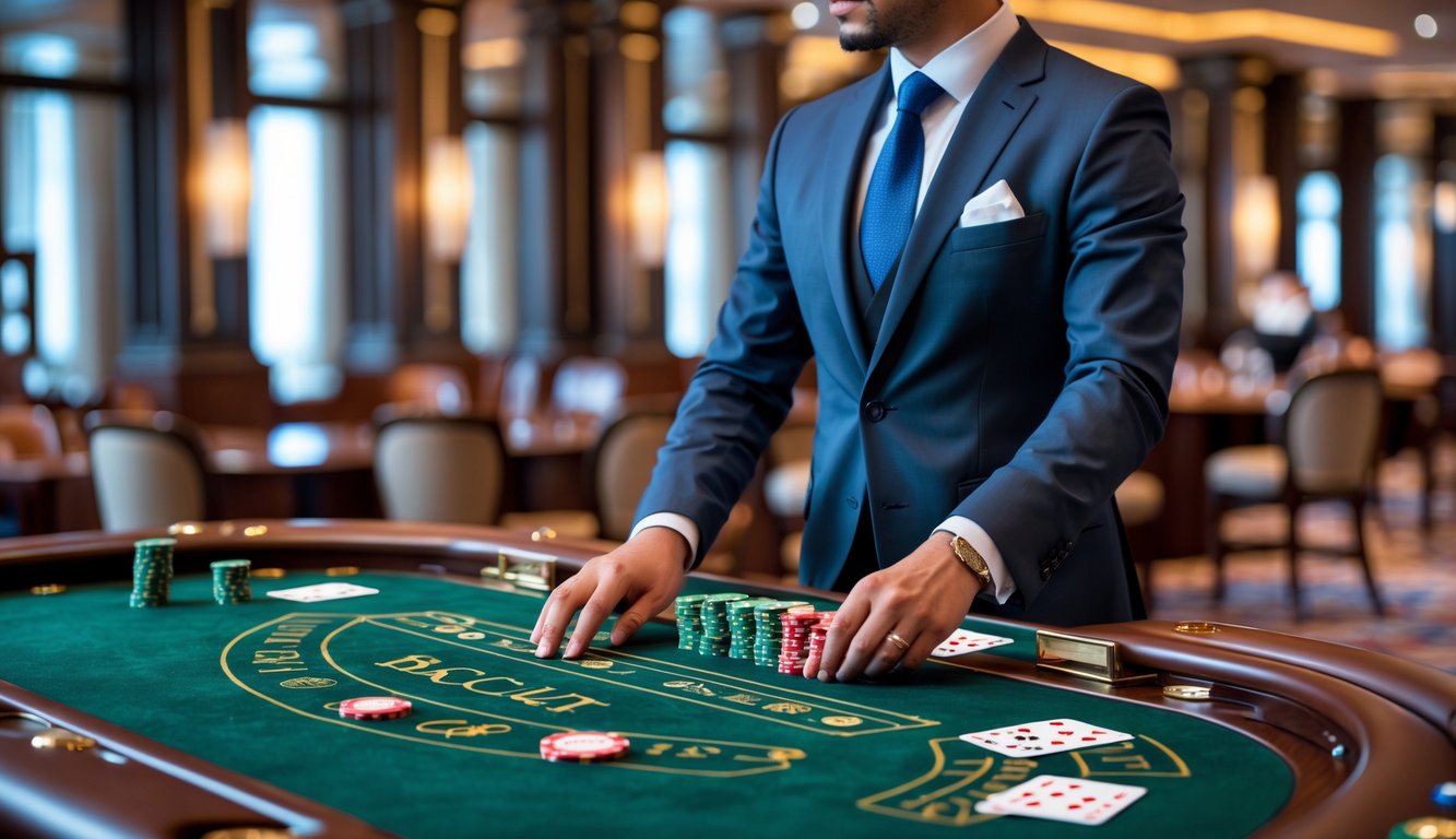 Seorang dealer berjubah rapi sedang membagikan kartu di meja baccarat klasik di dalam kasino yang mewah.