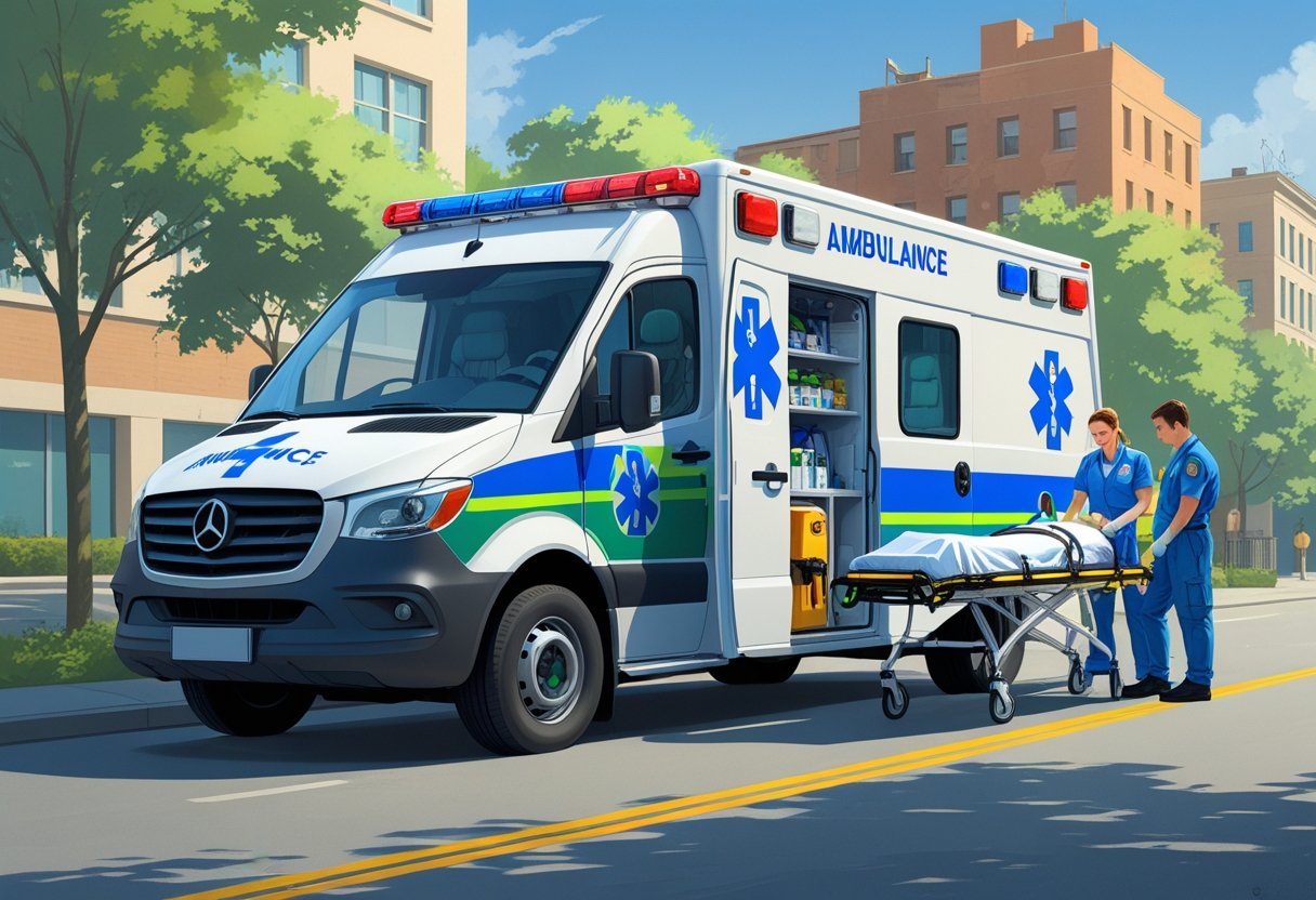 Uma ambulância de suporte básico tipo B estacionada na rua com paramédicos atendendo um paciente em uma maca ao lado do veículo.