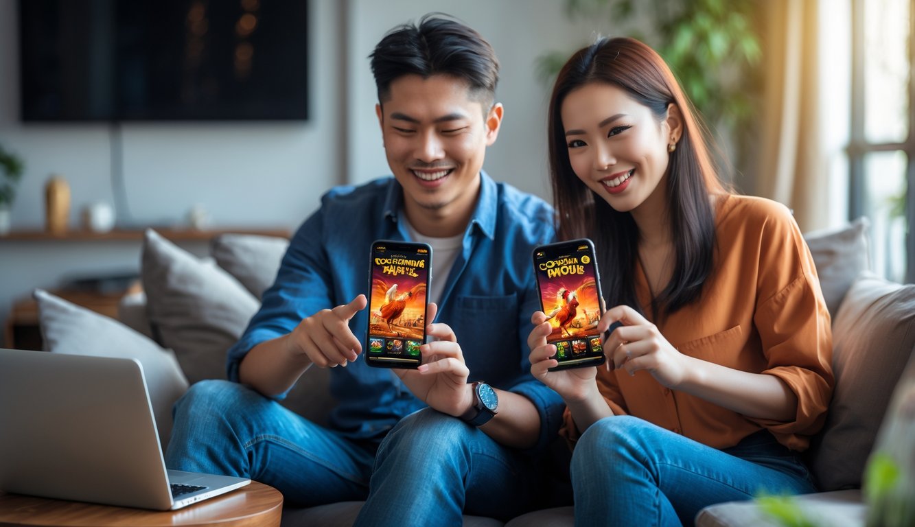 Seorang pria dan wanita duduk di ruang tamu menggunakan ponsel untuk bermain sabung ayam online dengan suasana nyaman dan terang.
