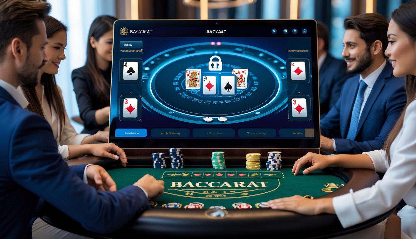Seorang pemain sedang bermain baccarat online di depan layar komputer dengan suasana yang profesional dan aman.