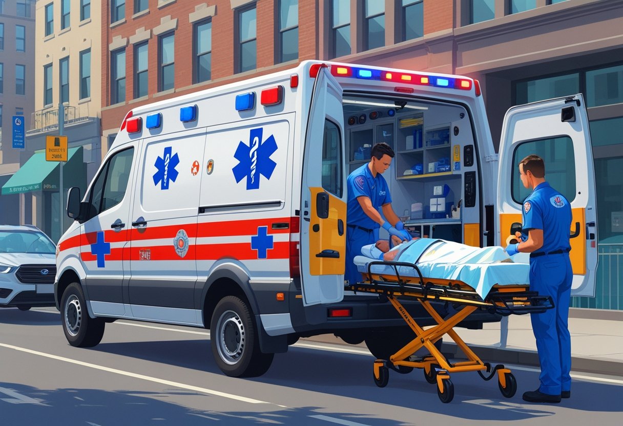 Ambulância tipo B estacionada em uma rua da cidade com paramédicos atendendo um paciente em uma maca ao lado do veículo.