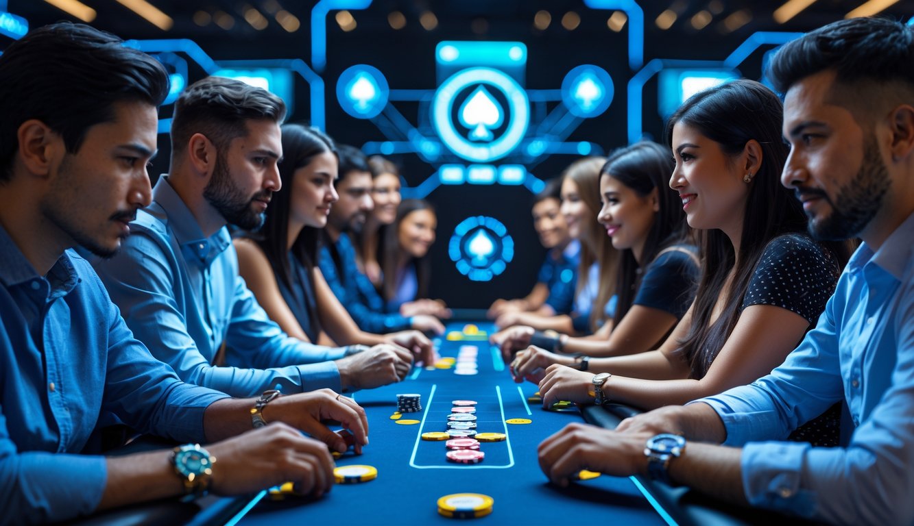 Sekelompok pemain poker yang fokus duduk di sekitar meja poker dengan tampilan digital dan grafik abstrak di latar belakang.