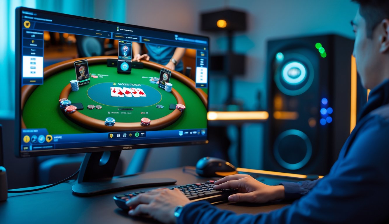 Seseorang bermain poker online di depan komputer dengan layar menampilkan permainan poker dan tumpukan chip di meja virtual.