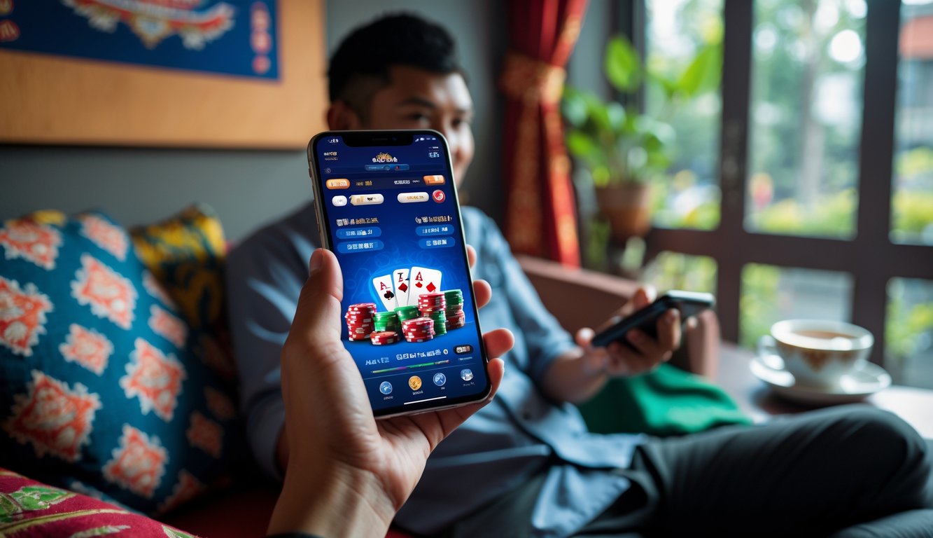 Seorang pria muda menggunakan ponsel untuk bermain poker online di ruangan yang nyaman dengan hiasan batik dan secangkir teh di meja.