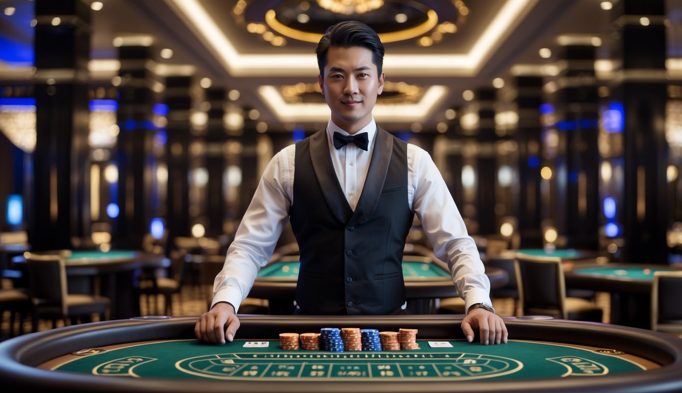 Seorang dealer baccarat profesional berdiri di belakang meja baccarat dengan kartu dan chip di kasino yang mewah.