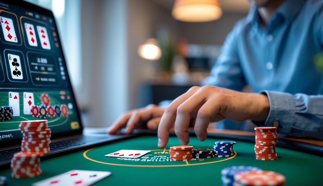 Seseorang sedang bermain poker online di perangkat digital dengan kartu dan chip poker terlihat di layar.