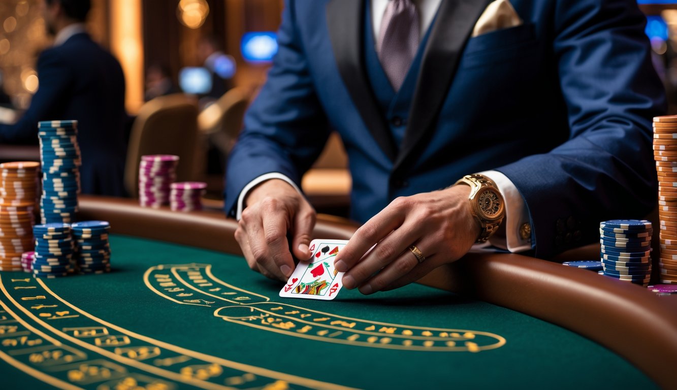 Seorang bandar baccarat klasik yang mengenakan jas rapi sedang membagikan kartu di meja kasino dengan tumpukan chip dan suasana kasino yang mewah.