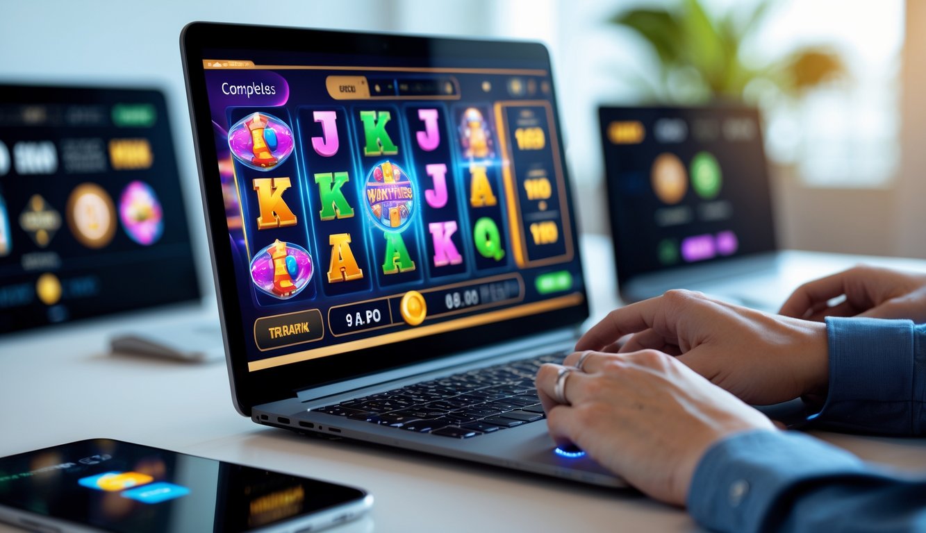 Seseorang menggunakan komputer dengan tampilan permainan slot online yang berwarna-warni di layar, dikelilingi oleh suasana kerja yang rapi dan profesional.