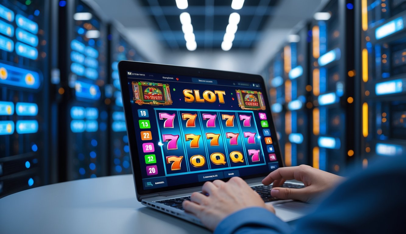 Seseorang menggunakan laptop dengan permainan slot online di layar, latar belakang menunjukkan ruang server dengan lampu LED menyala.