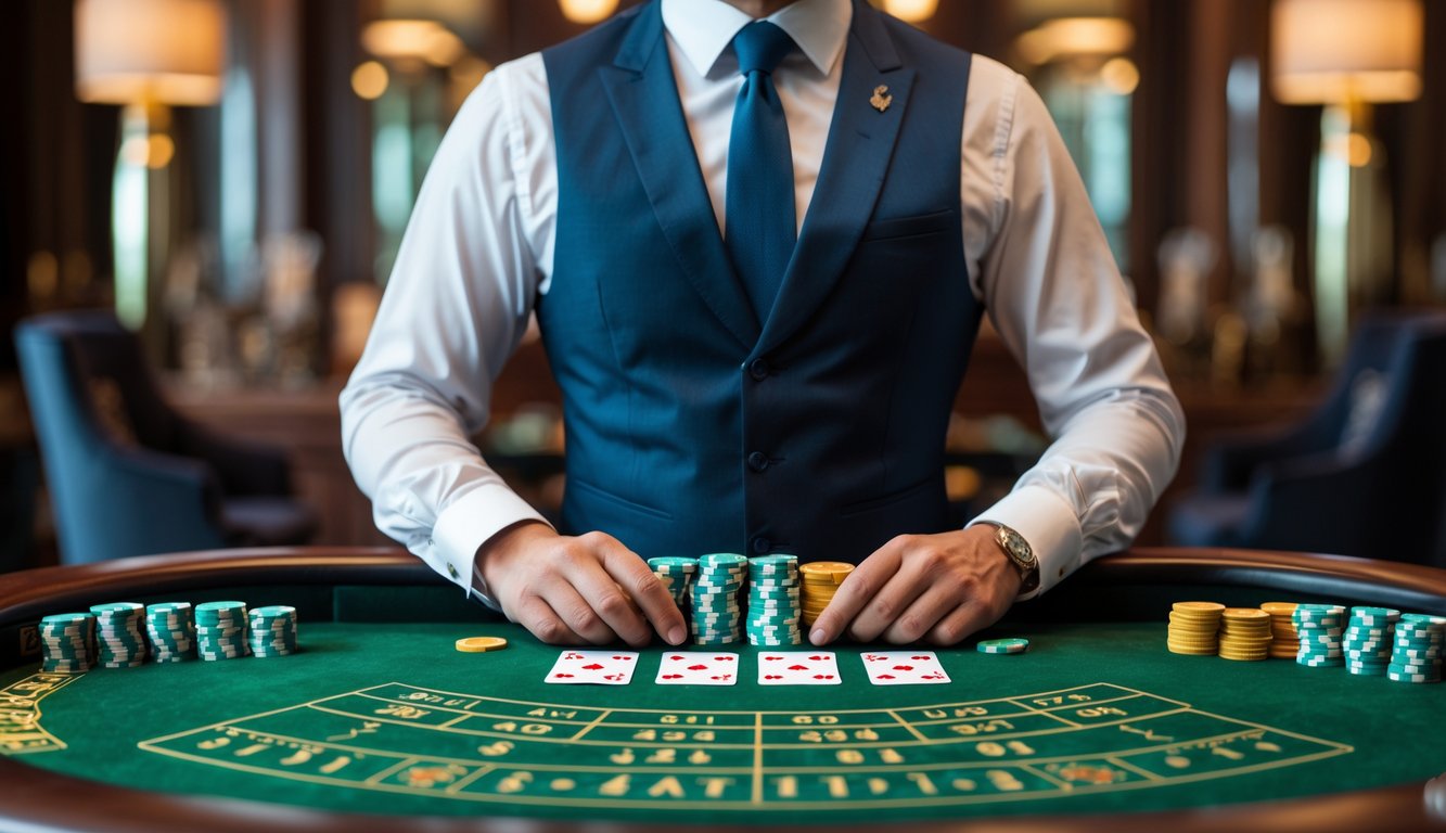 Seorang bandar baccarat berdiri di belakang meja baccarat dengan tata letak kartu dan taruhan asli.