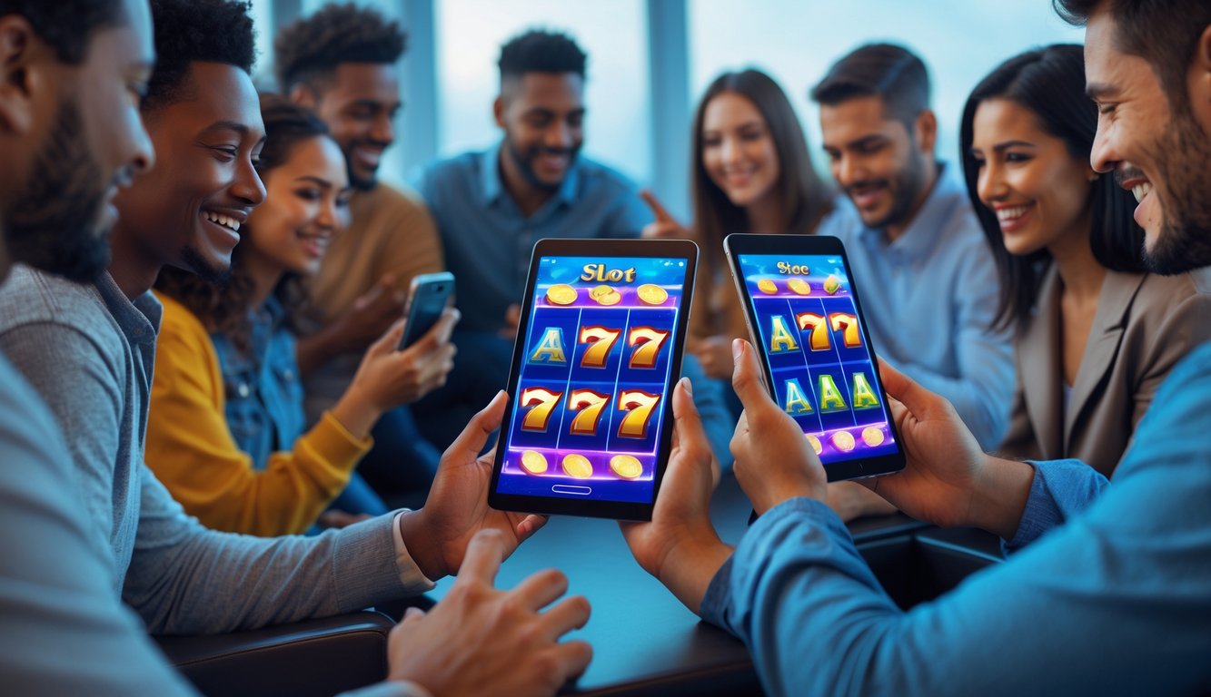 Orang-orang menggunakan ponsel dan tablet untuk bermain permainan slot online dengan antarmuka yang berwarna-warni dan ceria.