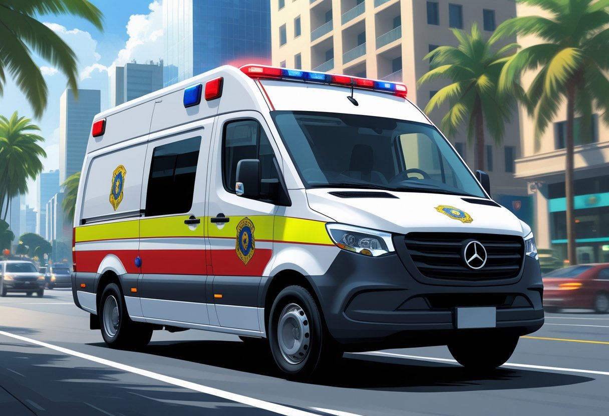 Uma ambulância de São Paulo em uma rua movimentada da cidade com prédios ao fundo.