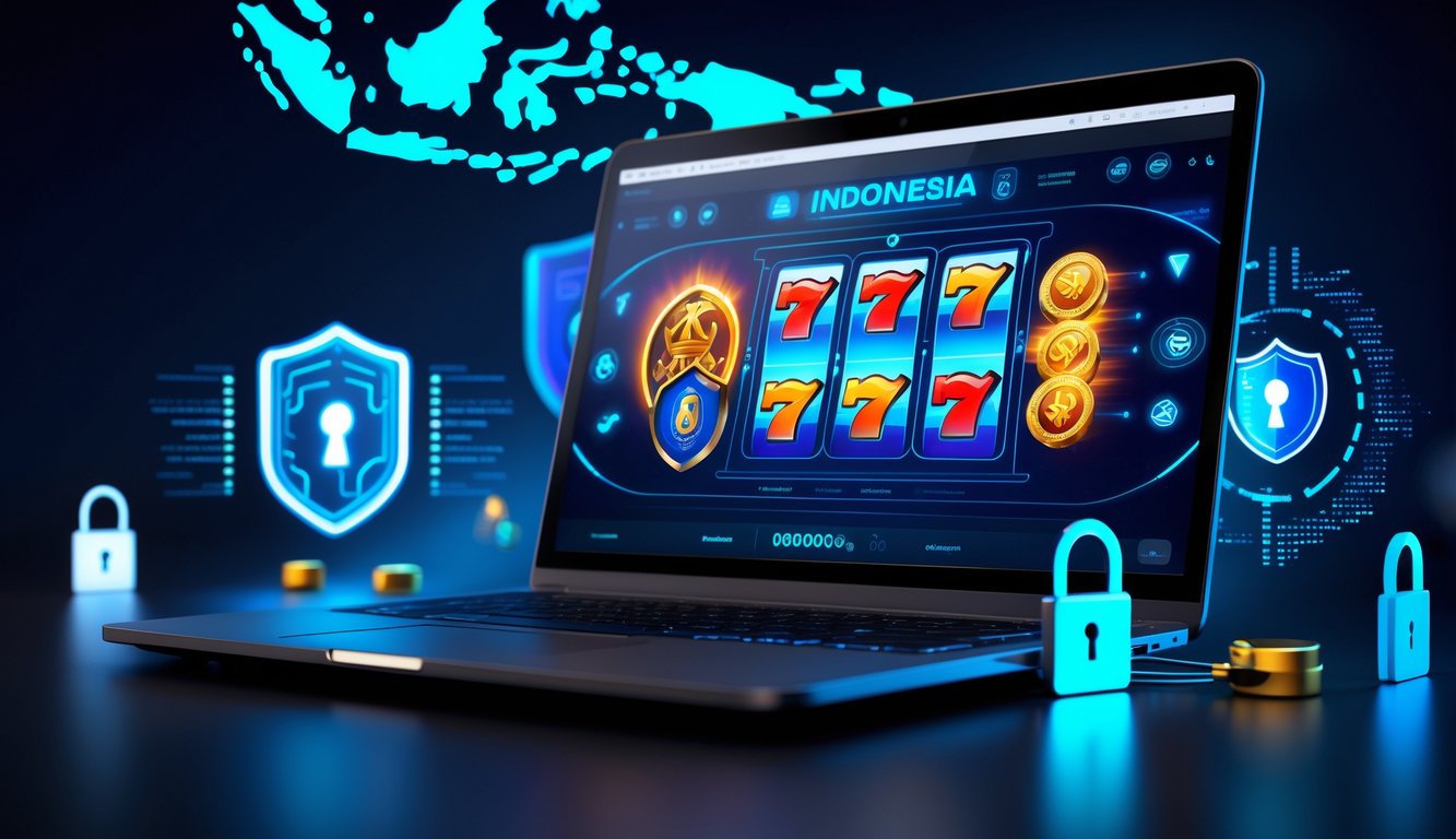 Seseorang menggunakan komputer dengan tampilan permainan slot online dan elemen keamanan digital di latar belakang.