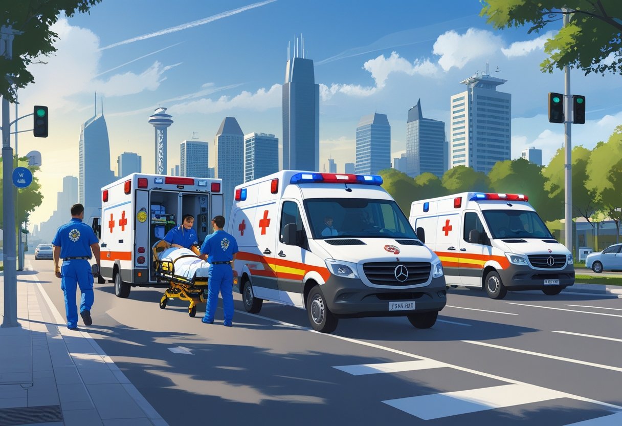 Vários tipos de ambulâncias em ação na cidade de São Paulo, com paramédicos atendendo pacientes e ambulâncias circulando pelas ruas urbanas.