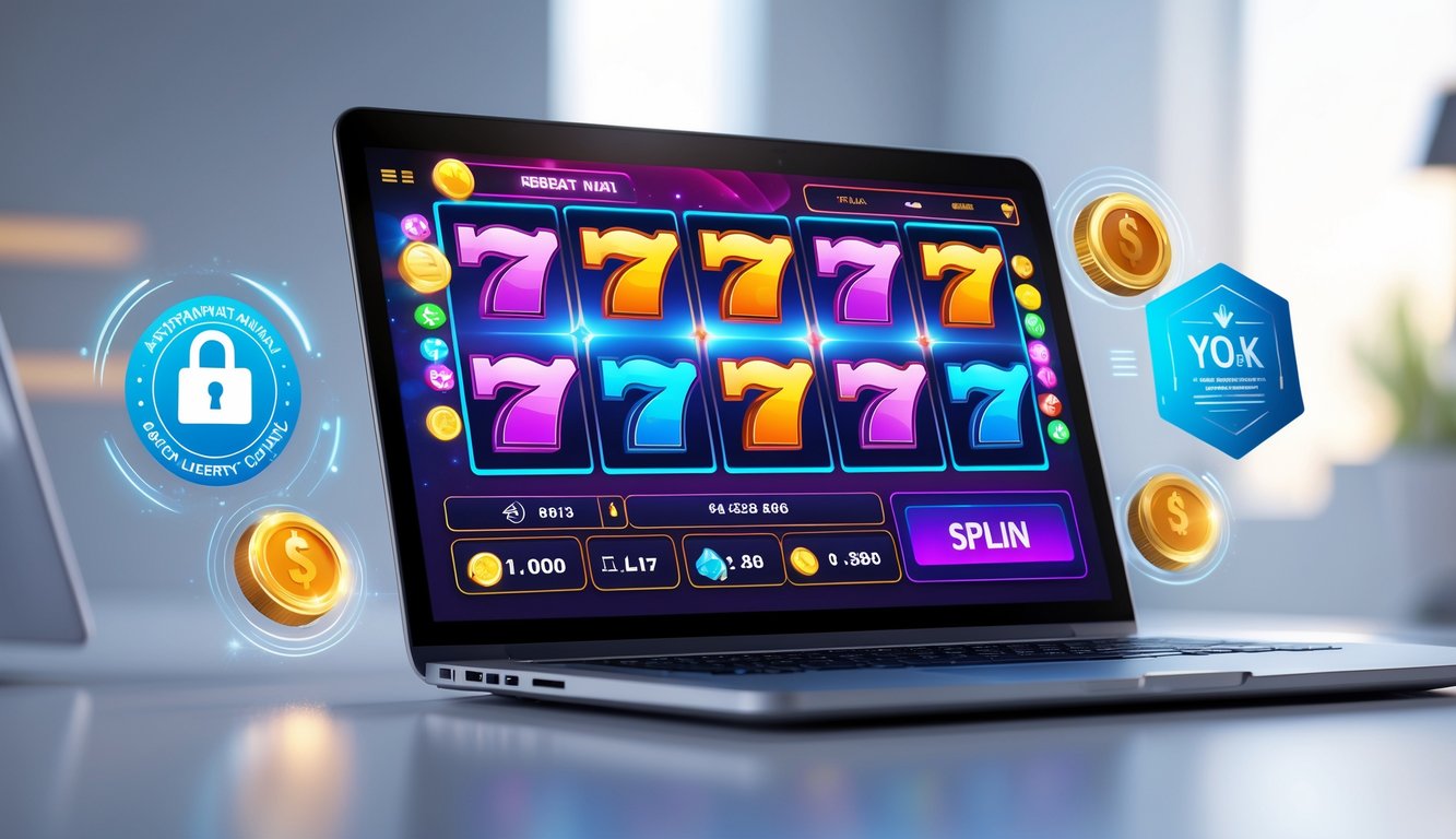 Seorang pengguna sedang bermain game slot online terbaru di komputer dengan latar belakang yang bersih dan elemen yang menunjukkan keamanan dan kepercayaan.