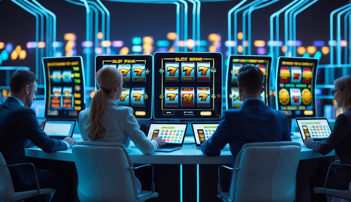 Orang-orang menggunakan perangkat digital di lingkungan modern dengan layar mesin slot berwarna-warni yang menyala, menunjukkan layanan judi slot online profesional 24 jam.