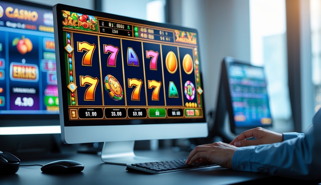 Seseorang sedang bermain permainan judi slot online di komputer dengan layar menampilkan grafik mesin slot yang berwarna-warni.