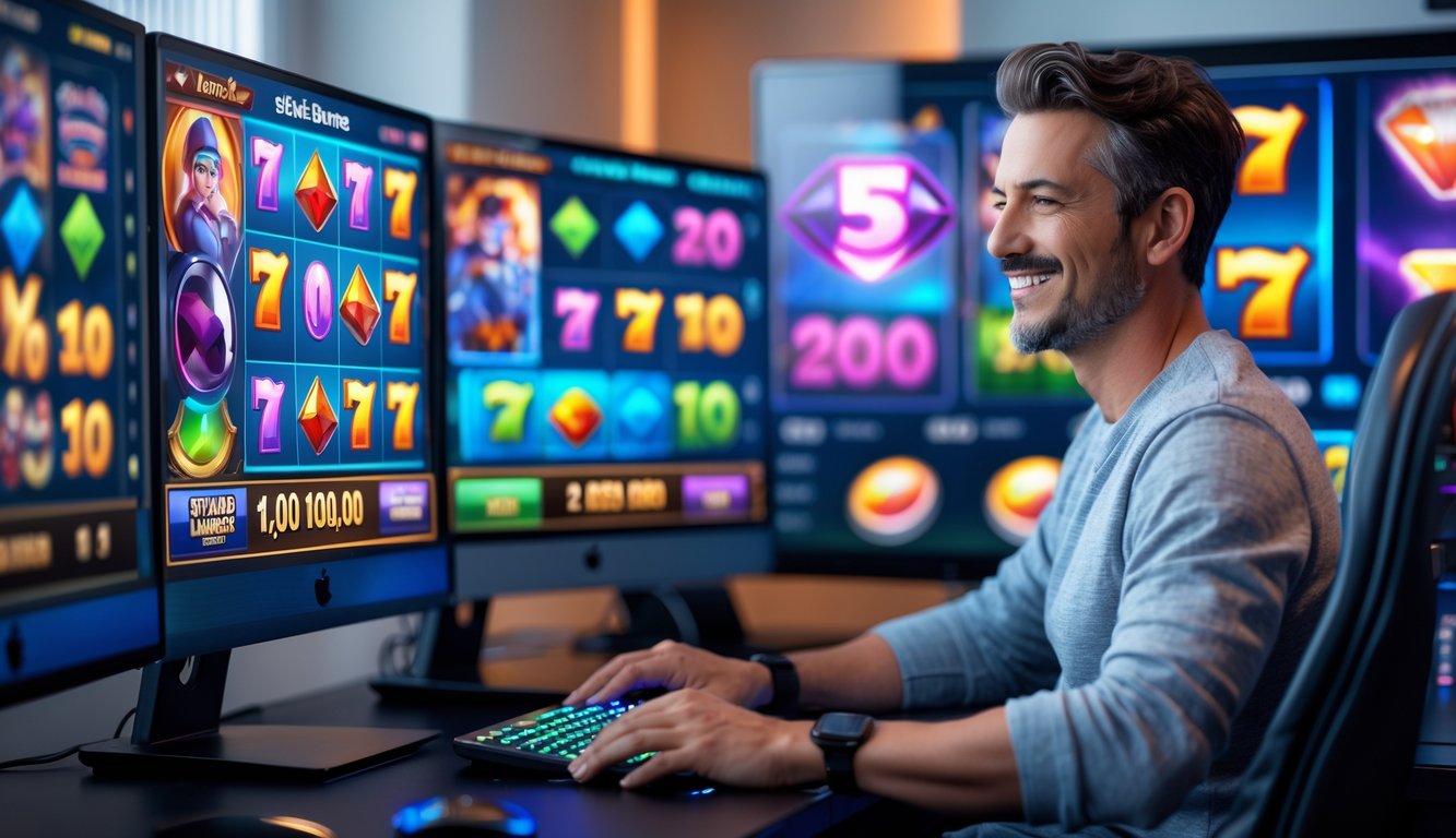 Seseorang sedang bermain permainan slot online di komputer dengan beberapa layar yang menampilkan permainan slot berwarna-warni di sebuah ruang kerja modern.