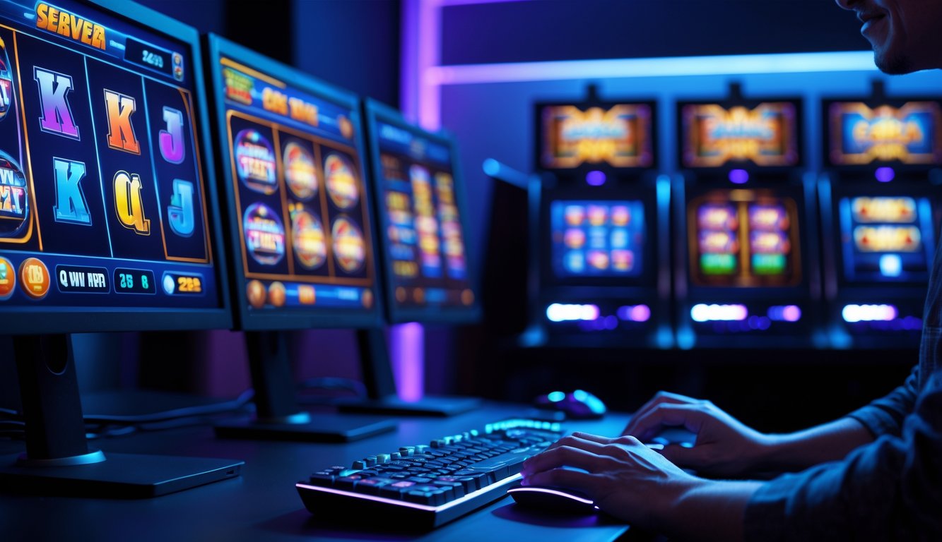 Seseorang menggunakan komputer dengan beberapa layar menampilkan permainan slot online yang berwarna-warni di ruangan dengan pencahayaan biru dan ungu.