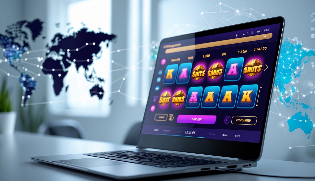 Sebuah laptop menampilkan permainan slot online dengan tema internasional di meja kerja yang rapi dan terang.