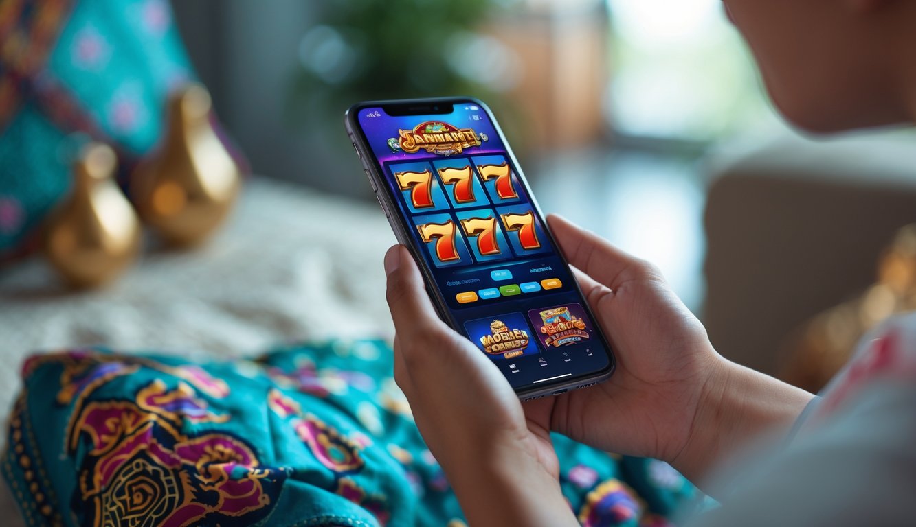 Seseorang memegang ponsel dengan permainan slot online yang terlihat di layar dalam suasana dalam ruangan yang nyaman dengan elemen budaya Indonesia.