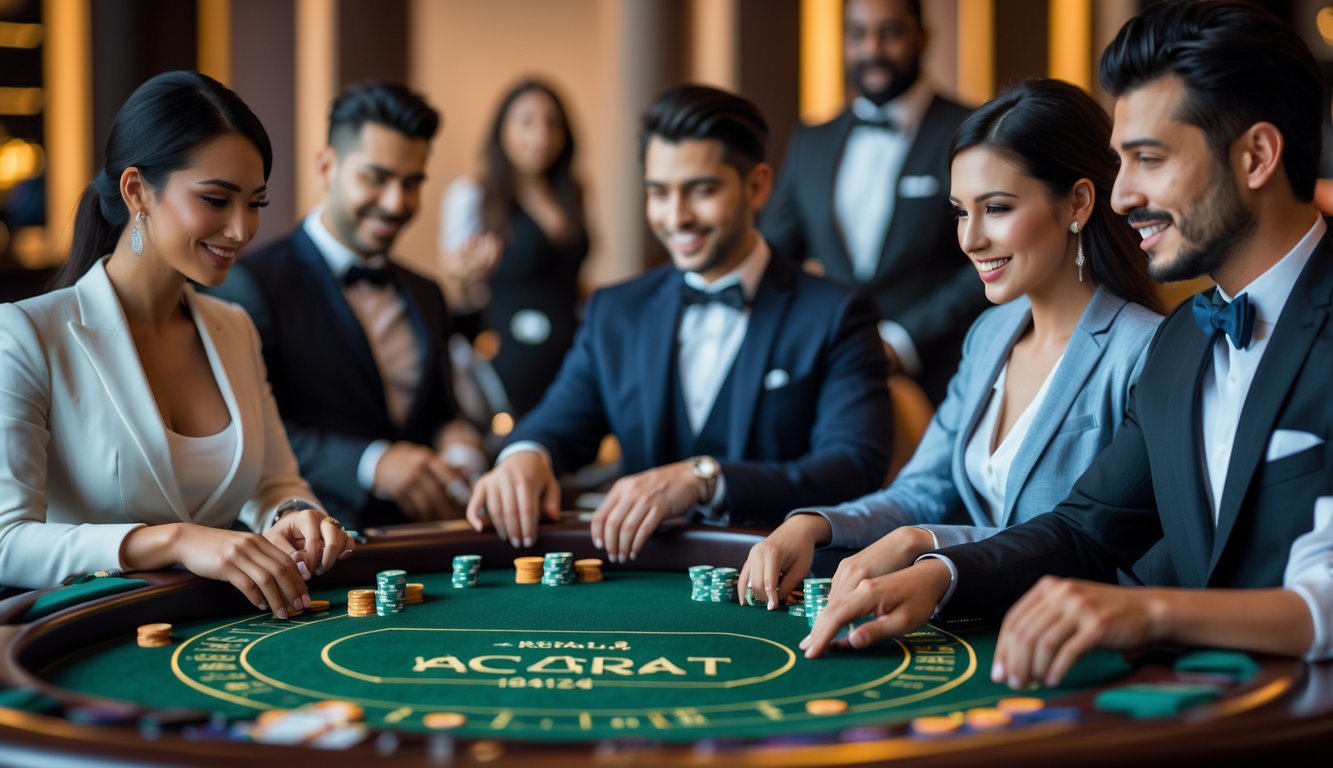 Beberapa pemain berpakaian rapi sedang bermain baccarat di meja kasino yang elegan dengan suasana kasino nyata di latar belakang.
