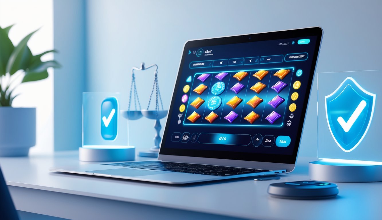 Layar perangkat digital menampilkan permainan slot online dengan simbol warna-warni, dikelilingi oleh ikon keamanan dan keadilan.