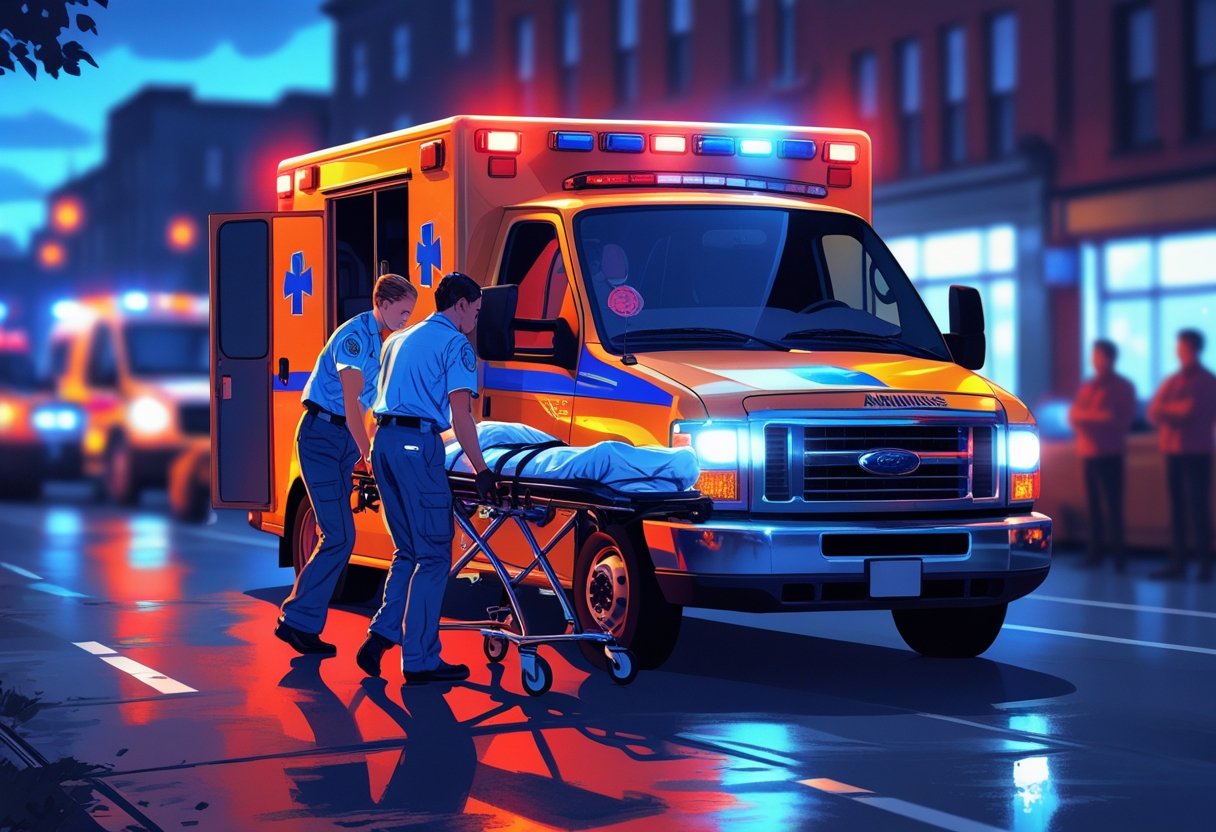 Uma ambulância de emergência com paramédicos ajudando um paciente em uma rua da cidade ao entardecer.