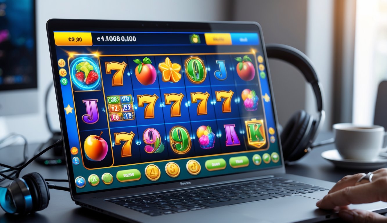 Seseorang menggunakan komputer dengan layar menampilkan permainan slot online yang berwarna-warni di ruang kerja yang rapi.