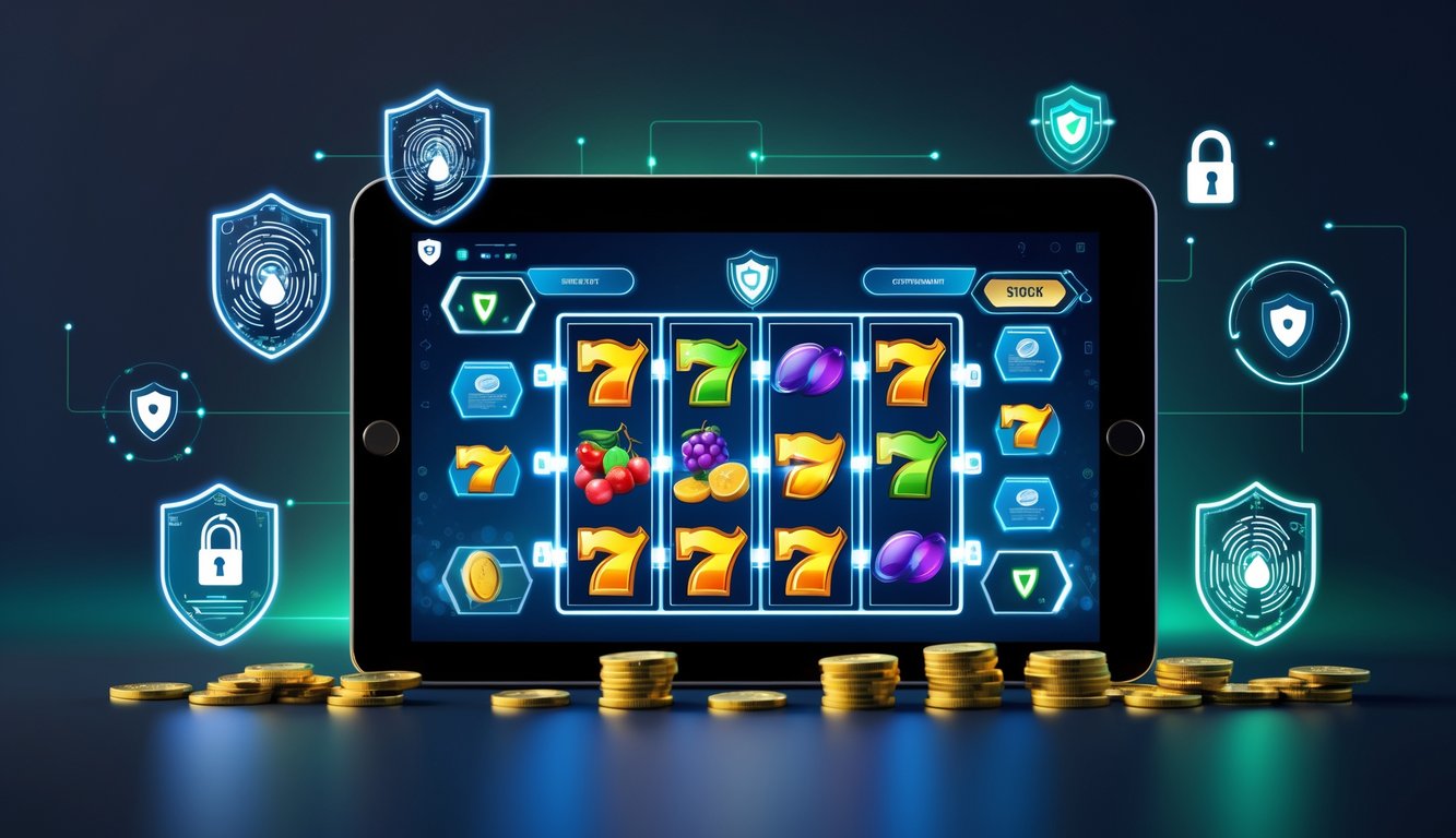 Tampilan antarmuka mesin slot online modern dengan ikon keamanan digital di latar belakang gelap.