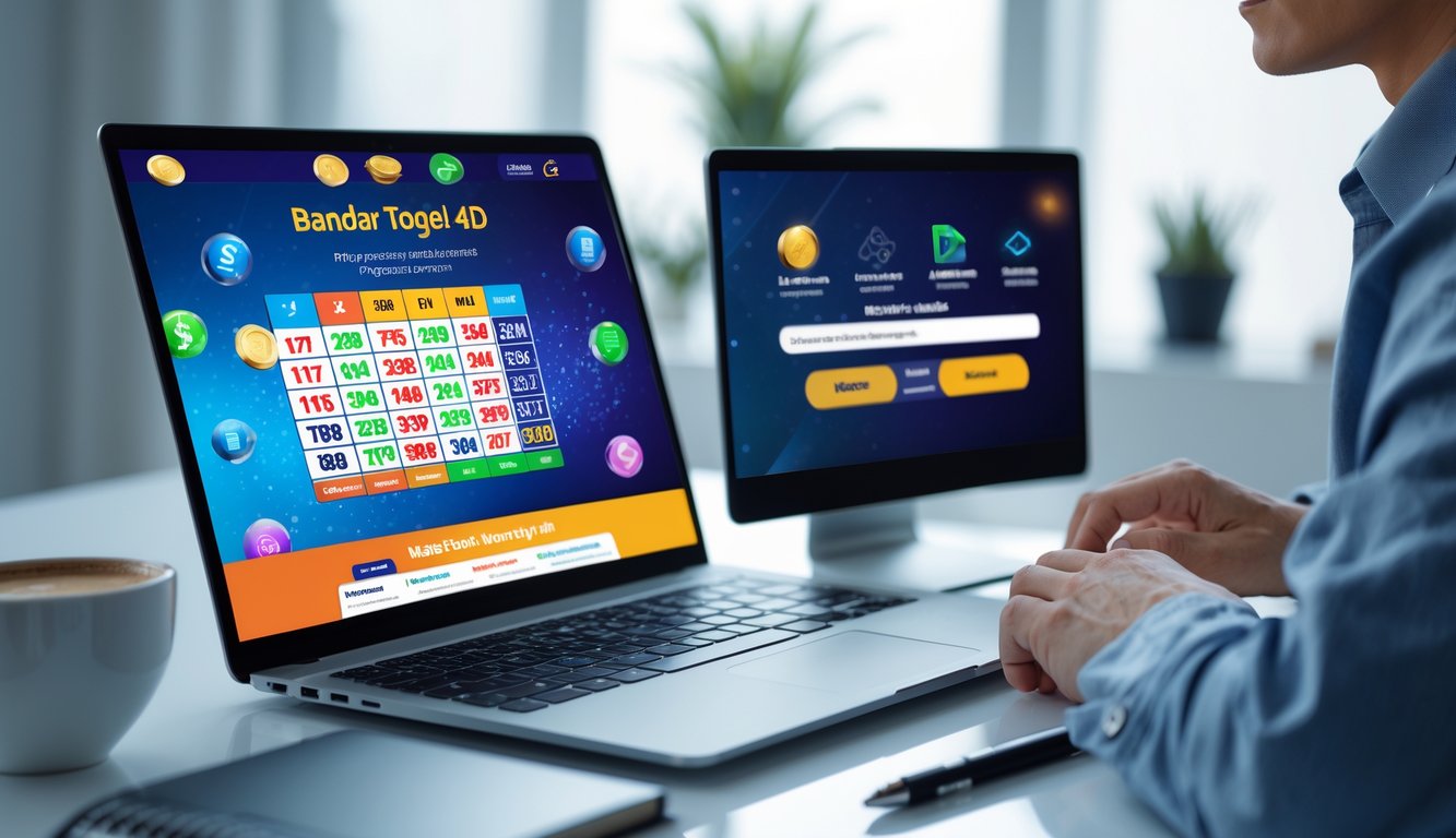 Seseorang menggunakan laptop di meja kerja yang rapi dengan tampilan antarmuka situs togel online dan ikon pembayaran digital di latar belakang.