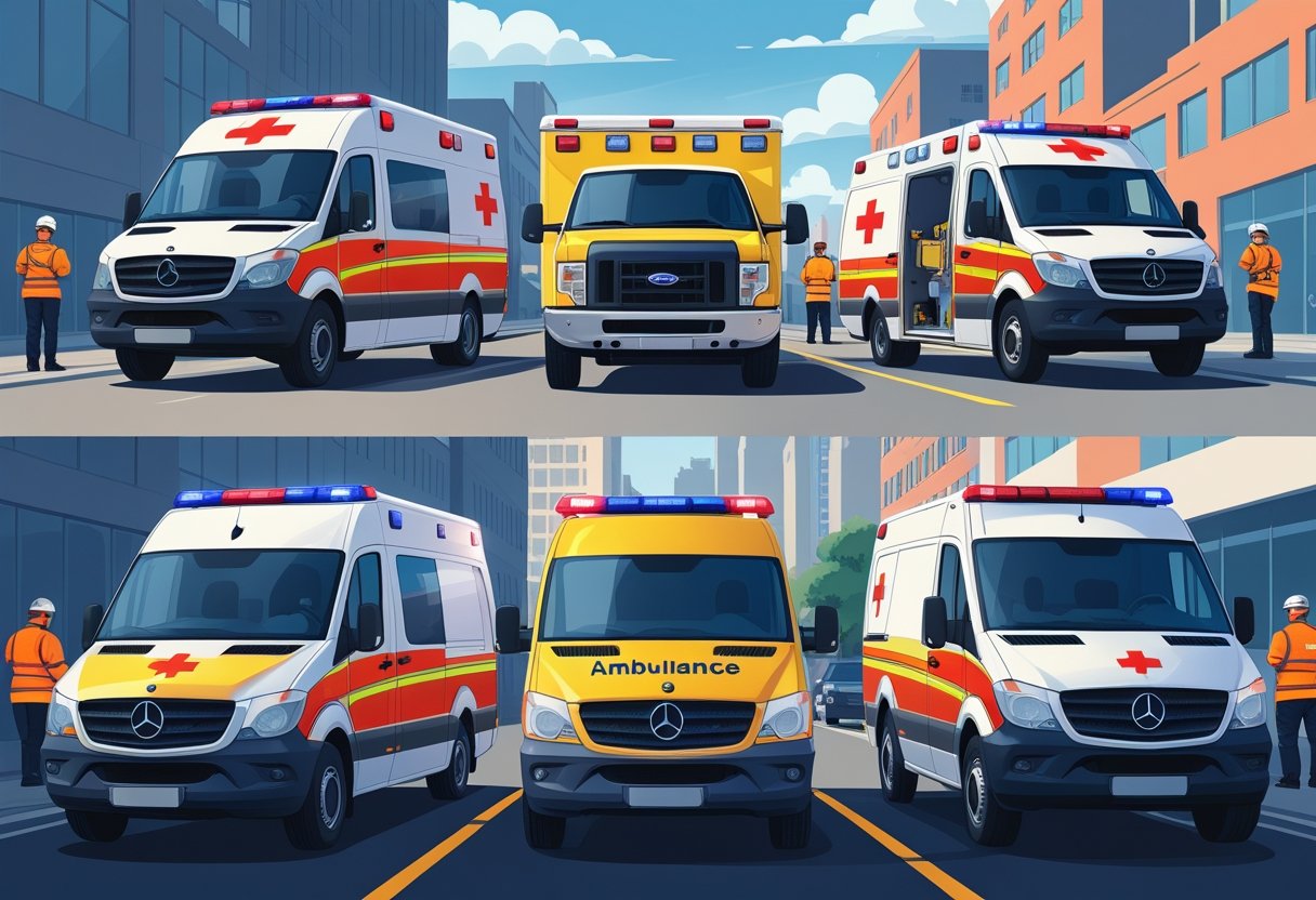 Vários tipos de ambulância de emergência alinhadas, com profissionais de saúde próximos, em um cenário urbano durante o dia.