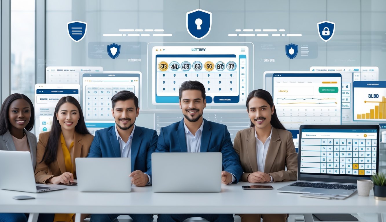 Sekelompok orang duduk di meja dengan perangkat digital yang menampilkan antarmuka lotere online, suasana modern dan aman.