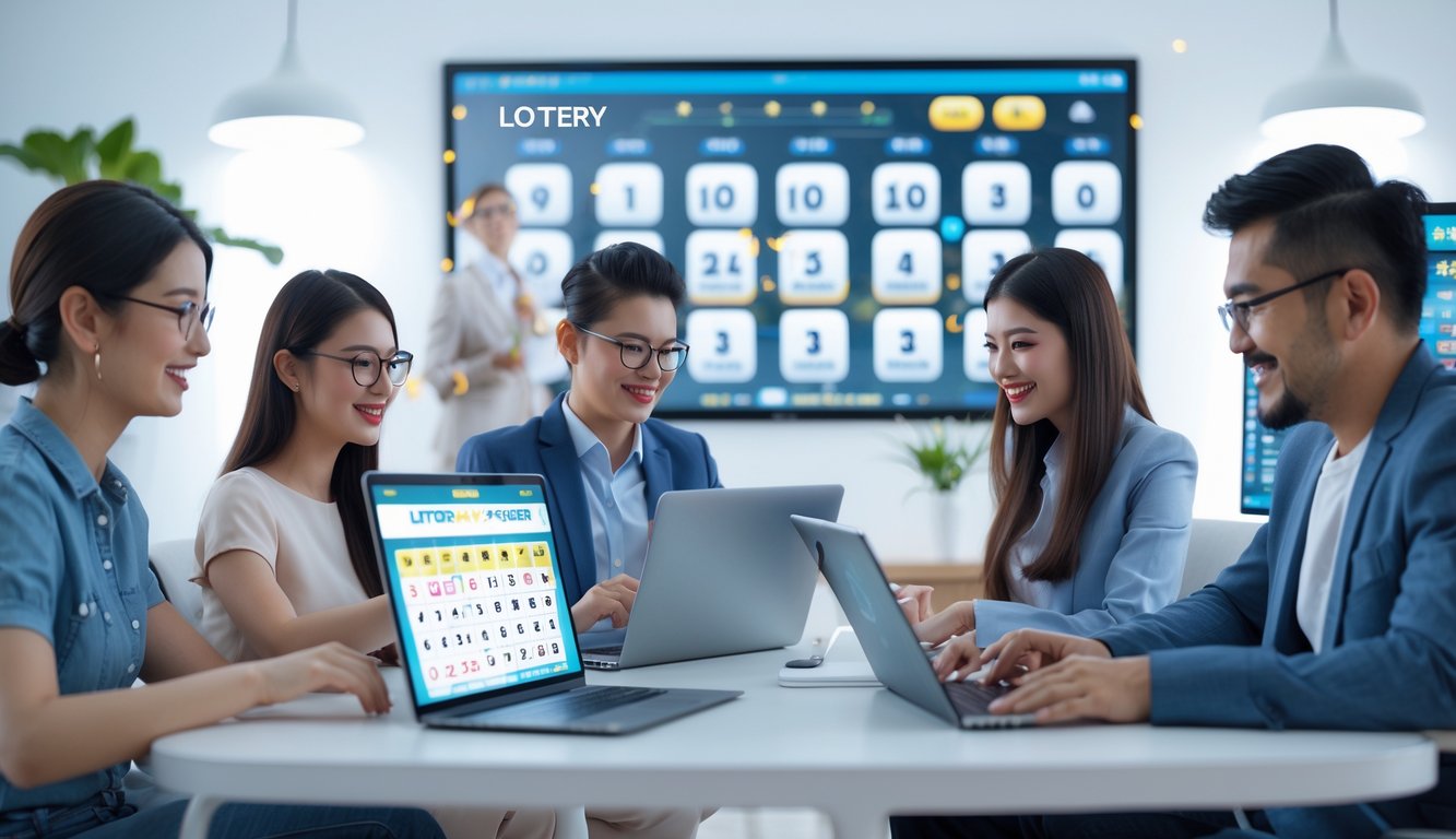 Beberapa orang sedang bermain permainan togel 4D online menggunakan laptop dan ponsel di sebuah ruangan yang terang dan rapi.