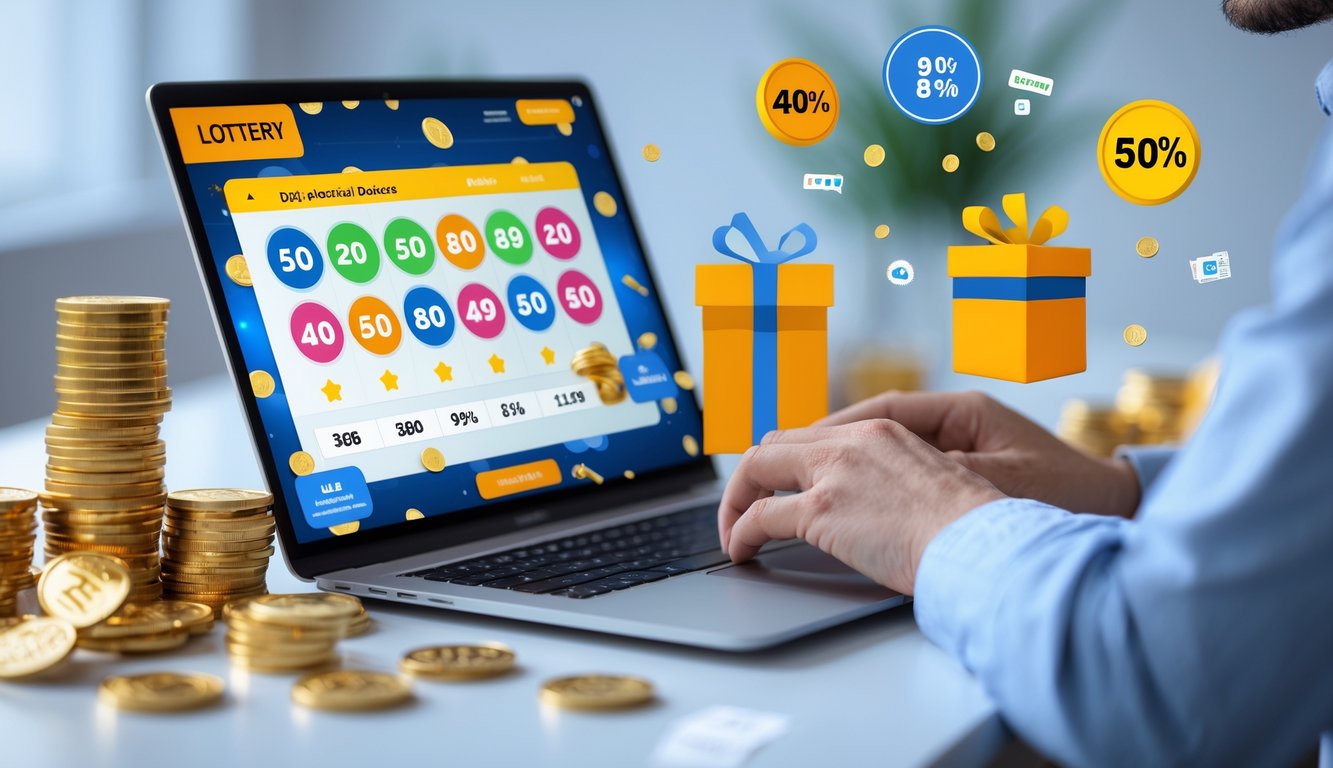 Seseorang menggunakan perangkat digital yang menampilkan antarmuka situs lotere online dengan angka dan simbol hadiah di sekitarnya.