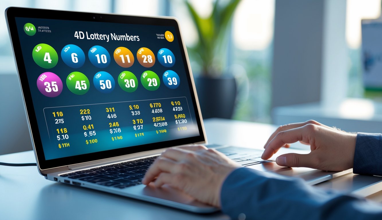 Tangan seseorang menggunakan laptop dengan tampilan angka lotere 4D di layar di ruang kerja modern.