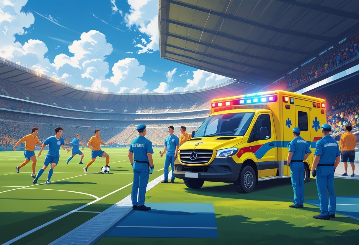 Ambulância estacionada ao lado de um campo esportivo durante uma competição, com paramédicos prontos para atender e atletas em ação no fundo.